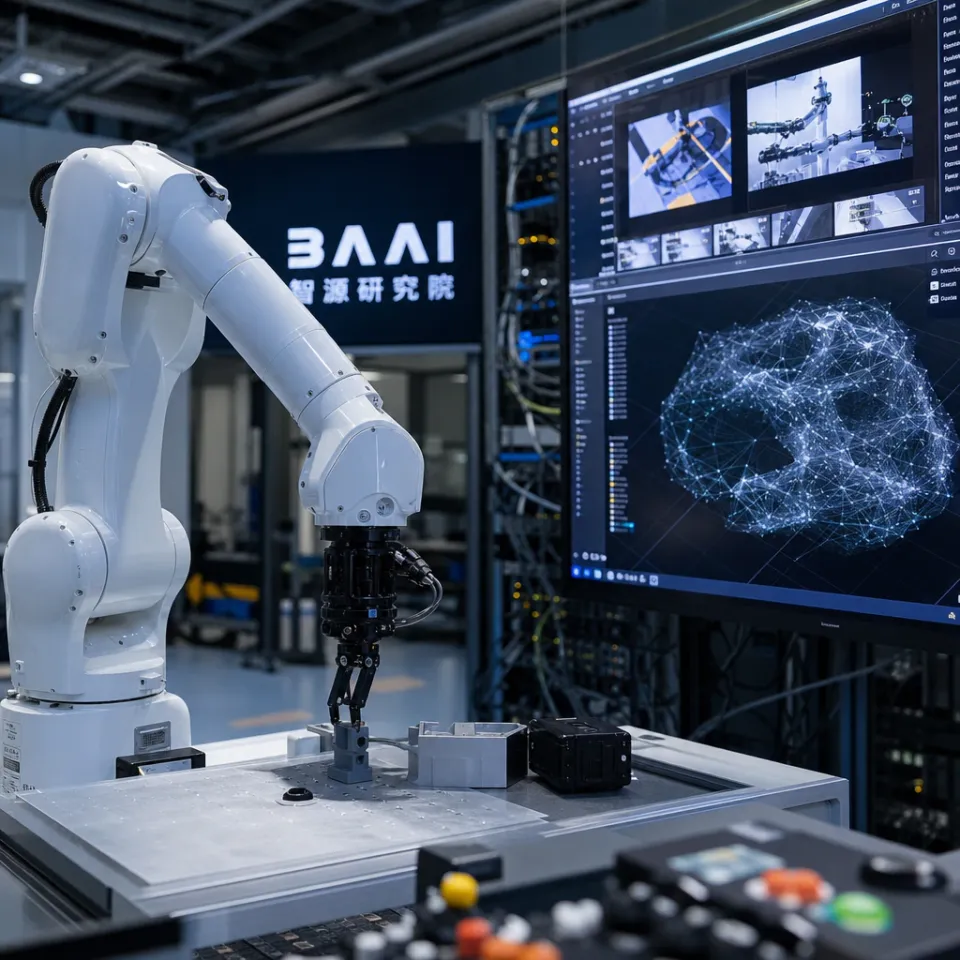 Robot arm in the testing lab of the Beijing Academy of Artificial Intelligence (BAAI) next to a monitor displaying video data from the world model Orca.