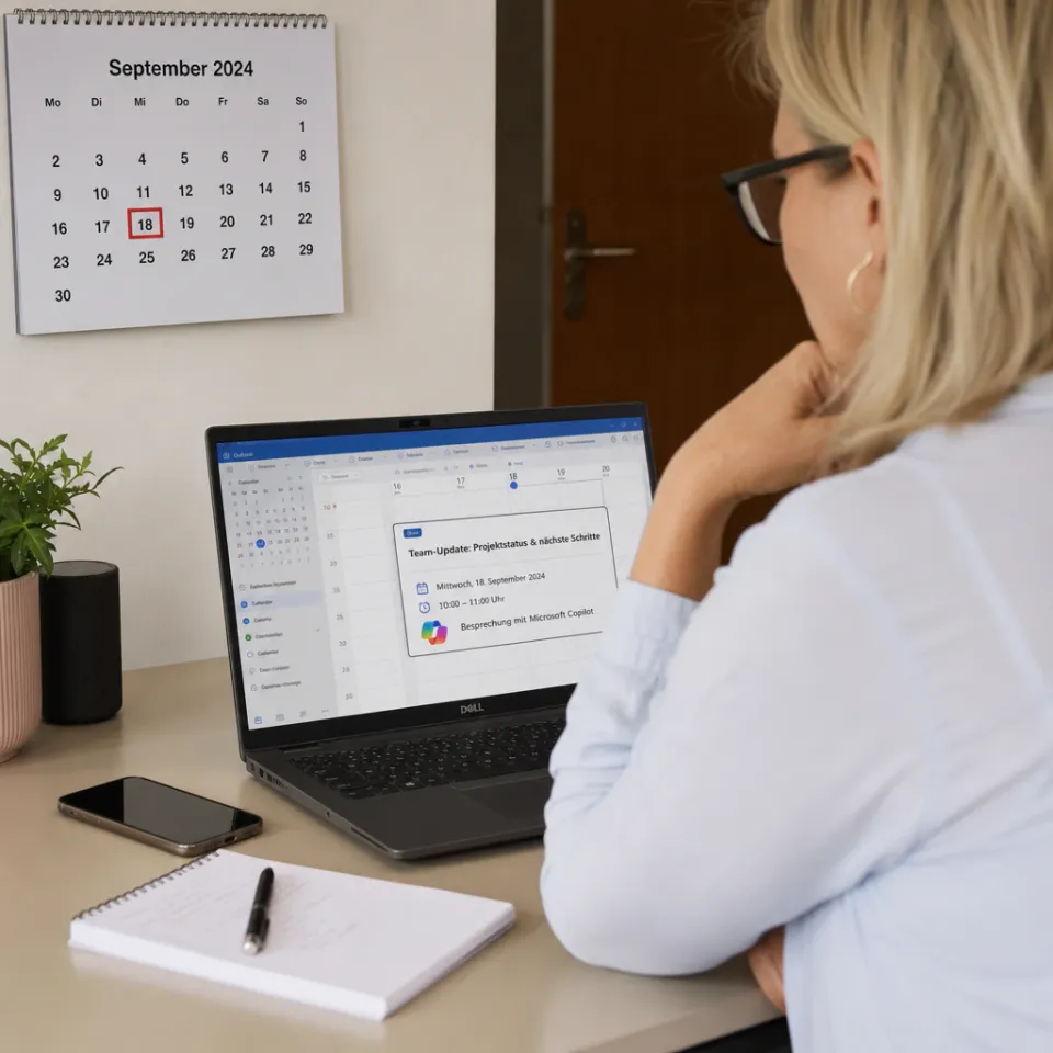 Büroschreibtisch mit Laptop, auf dessen Bildschirm ein Outlook-Kalendertermin mit Microsoft-Copilot-Symbol zu sehen ist, daneben ein Wandkalender mit rot markiertem Septemberdatum.