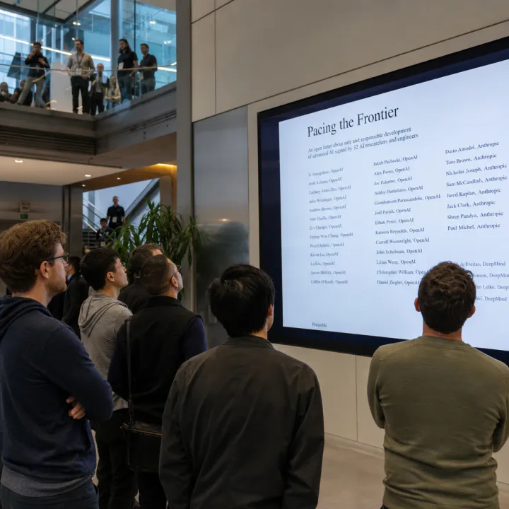 Employees of leading AI companies in front of a large screen showing the open letter Pacing the Frontier and its list of signatures