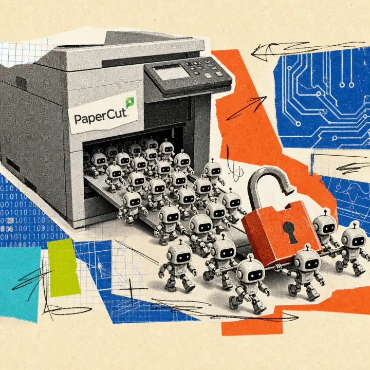 An office printer with the PaperCut logo, from which tiny robot agents crawl out of the paper output and collectively carry away a broken padlock.
