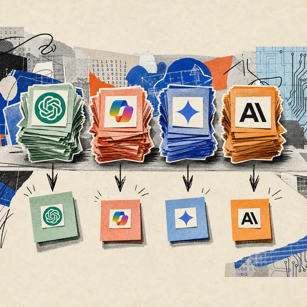 Vier Papierstapel auf einem Schreibtisch schrumpfen zu einzelnen Haftnotizen, daneben die Logos von ChatGPT, Microsoft Copilot, Google Gemini und Claude.
