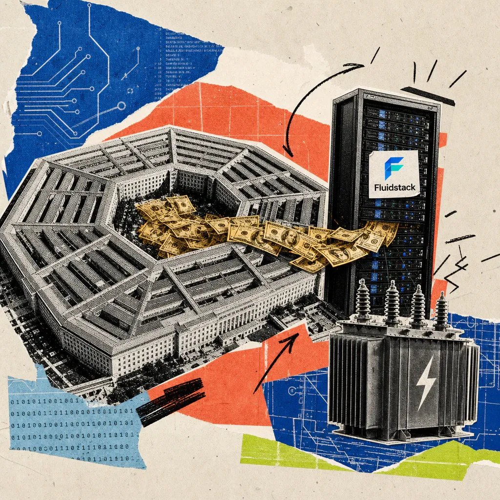 Das Pentagon-Gebäude aus der Vogelperspektive, aus dem ein Strom Geldscheine in ein Server-Rack mit Fluidstack-Logo fließt, daneben ein Hochspannungstransformator