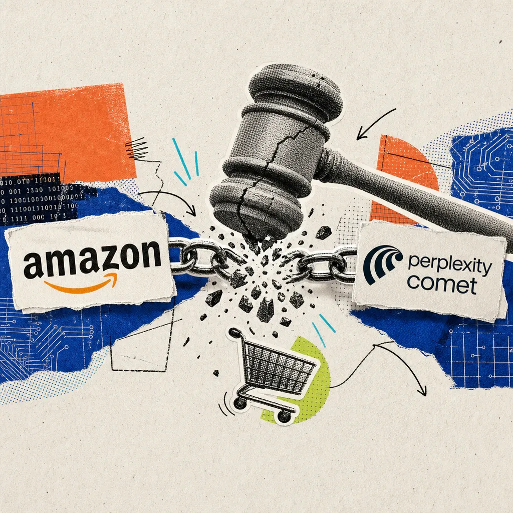 A judge's gavel shatters a digital chain linking the logos of Amazon and Perplexity's AI browser Comet, freeing a small shopping cart.