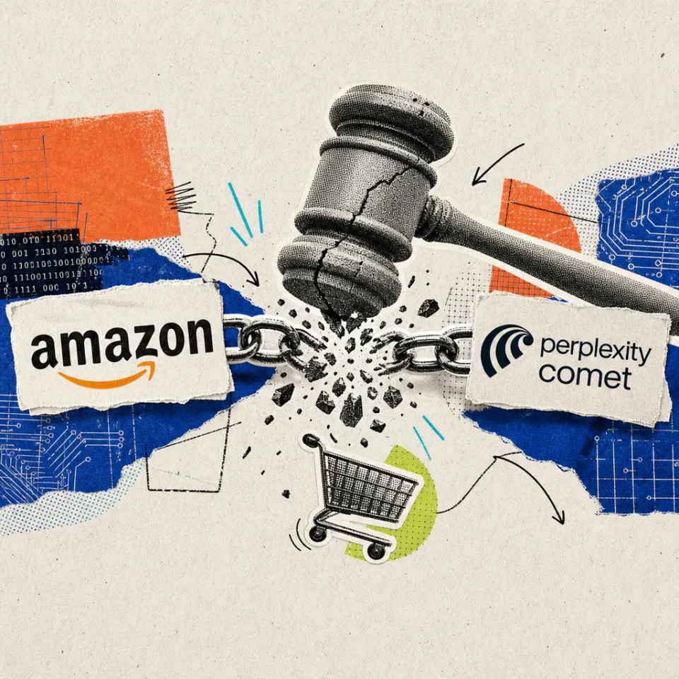 Ein Richterhammer zerschlägt eine digitale Kette zwischen den Logos von Amazon und Perplexitys KI-Browser Comet, ein Einkaufswagen löst sich daraus.