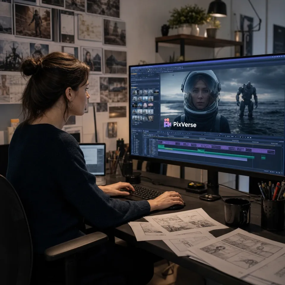 Video producer editing an AI-generated video with a timeline on a large monitor, PixVerse logo visible.