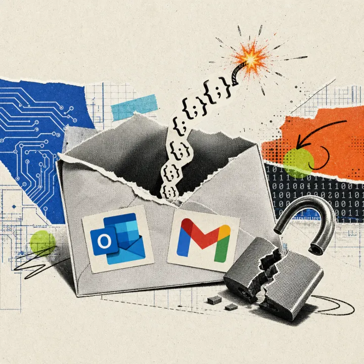 Ein aufgerissener Briefumschlag mit einer brennenden Zündschnur aus CSS-Zeichen, daneben ein aufgebrochenes Vorhängeschloss und Logo-Sticker von Outlook und Gmail