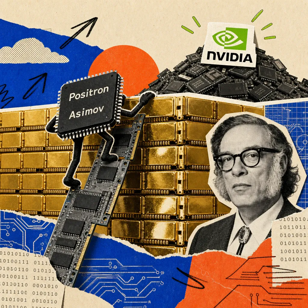 Ein Mikrochip mit den Aufschriften Positron und Asimov klettert eine improvisierte Leiter aus grauen Speicherriegeln hinauf, um eine hohe Mauer aus goldenen Speicherbausteinen zu überwinden, im Hintergrund thront das Nvidia-Logo auf einem Berg aus Chips.