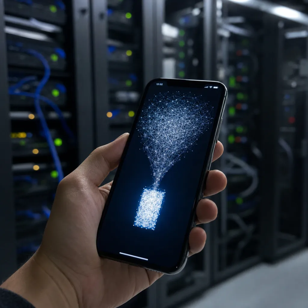 An iPhone displaying a glowing, condensing neural network structure on its screen, with blurred data center servers in the background – symbolic image for PrismML's compressed AI model Bonsai 27B.