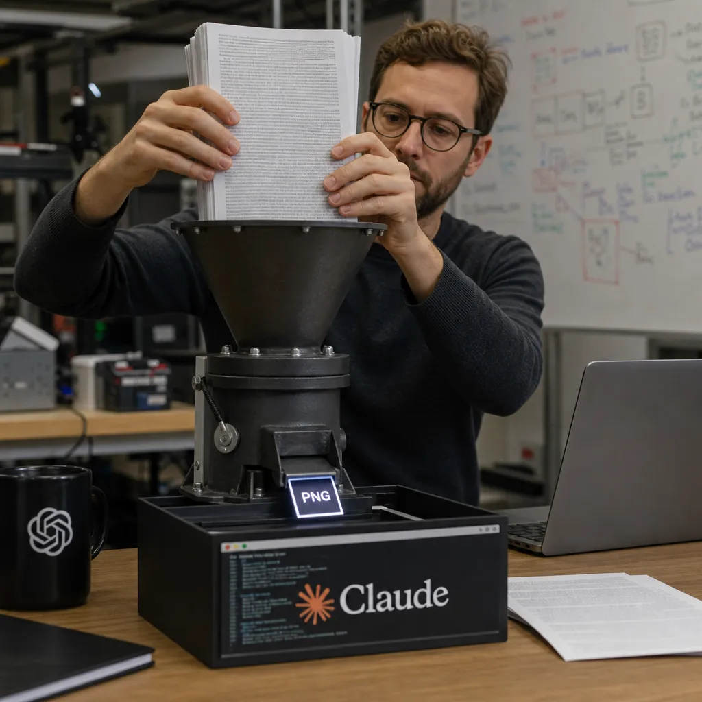 Photorealistic depiction: a developer feeds pages of text into a funnel from which a compact "PNG" image tile drops into a terminal bearing the Claude logo.