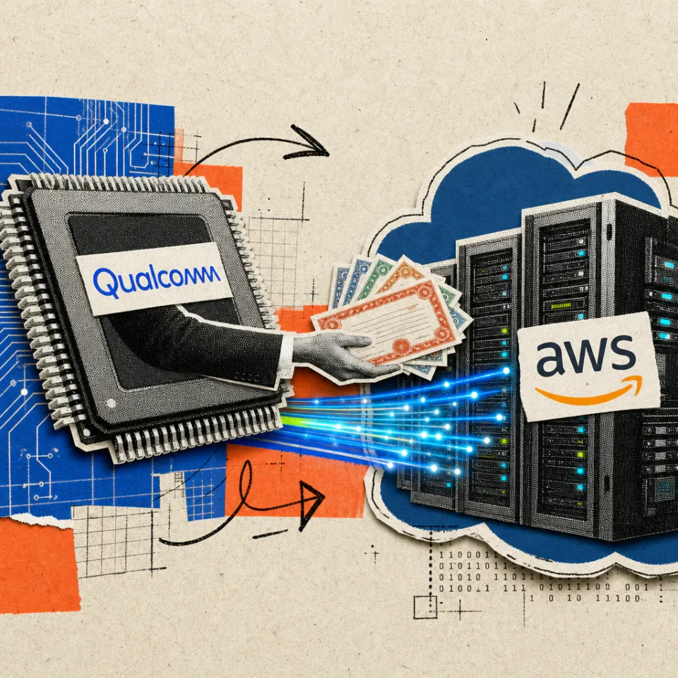 Ein Computerchip mit Qualcomm-Logo reicht Aktienzertifikate an eine Wolke aus Serverschränken mit AWS-Logo, verbunden durch leuchtende Datenkabel.