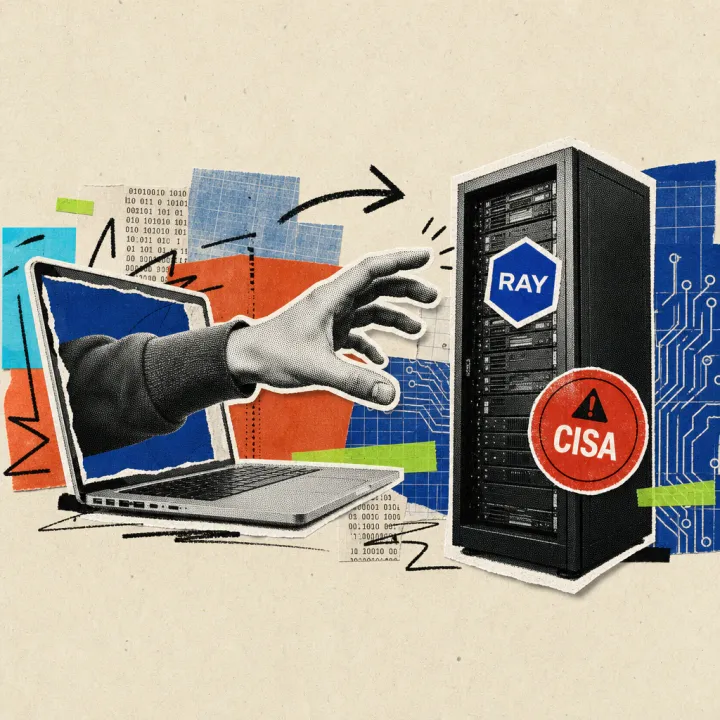 Eine Hand greift aus einem Laptop-Bildschirm nach einem Server-Rack mit Ray-Logo-Aufkleber, daneben ein rotes CISA-Warnsiegel.