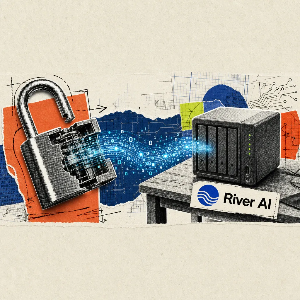 Ein Strom aus digitalen Lichtpunkten fließt durch ein aufgebrochenes Vorhängeschloss in einen kleinen Heimserver, daneben ein Aufkleber mit dem Schriftzug River AI