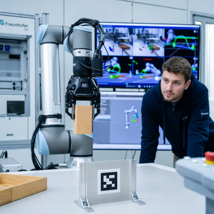 A robotic arm lifts an object in a test lab while monitors in the background display camera images and movement paths of the AI model LingBot-VA 2.0.
