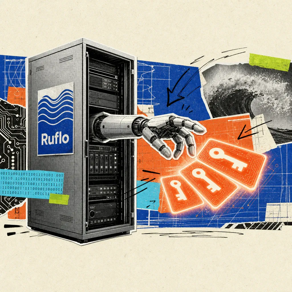 A server rack with a blue Ruflo wave sticker stands open with no door, while a robotic hand reaches out and grabs several glowing key cards