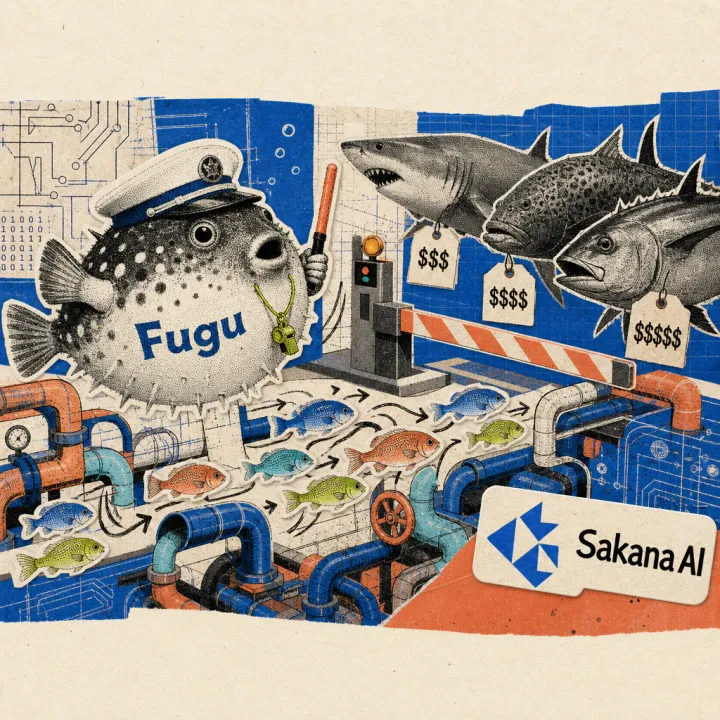 Ein Kugelfisch mit der Aufschrift Fugu leitet einen Schwarm kleinerer Fische durch Rohre, während größere Raubfische mit Preisschildern an einer Mautschranke warten – im Bild der Sakana-AI-Schriftzug.