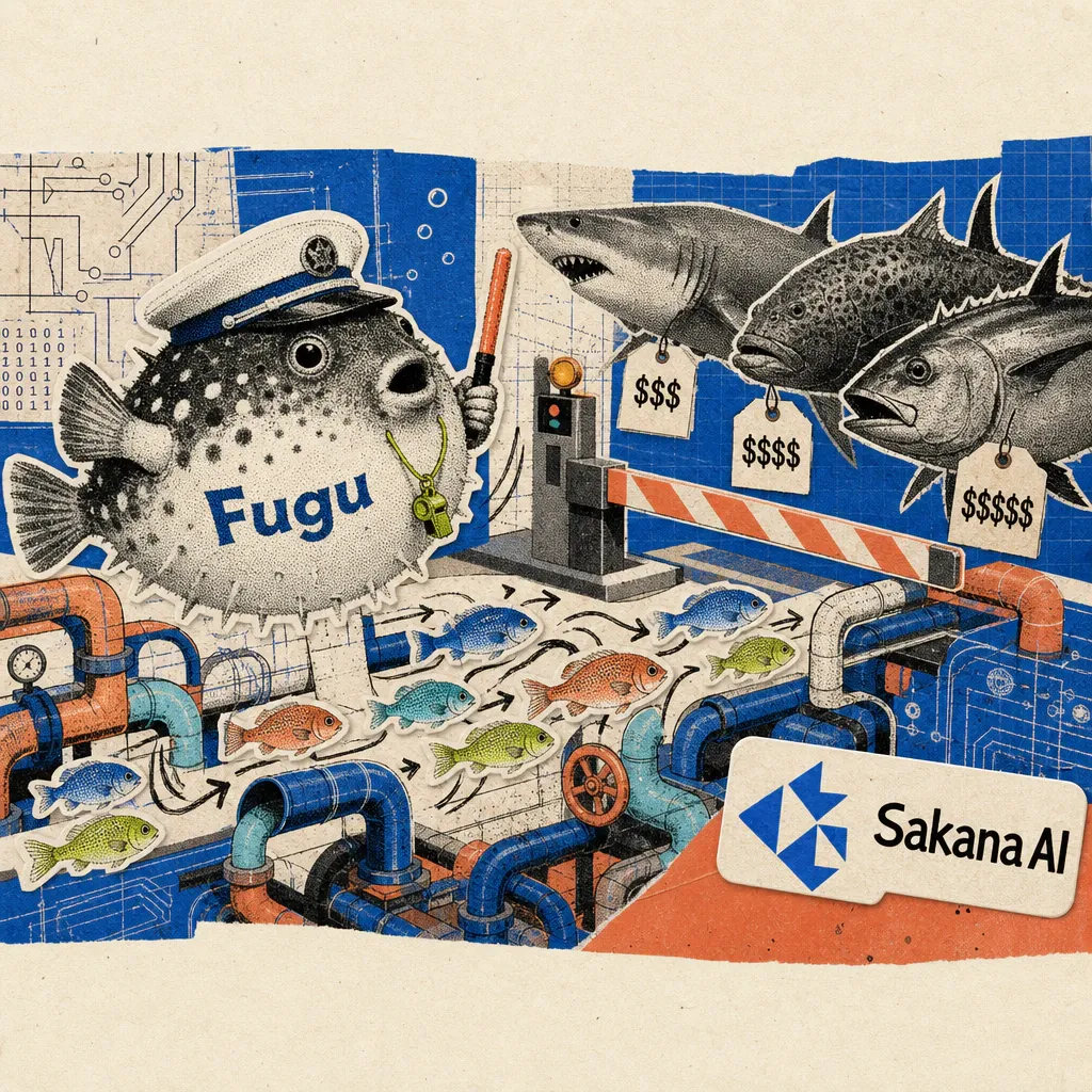 A pufferfish labeled Fugu leads a swarm of smaller fish through pipes while larger predatory fish with price tags wait at a toll booth – in the image is the Sakana AI logo.