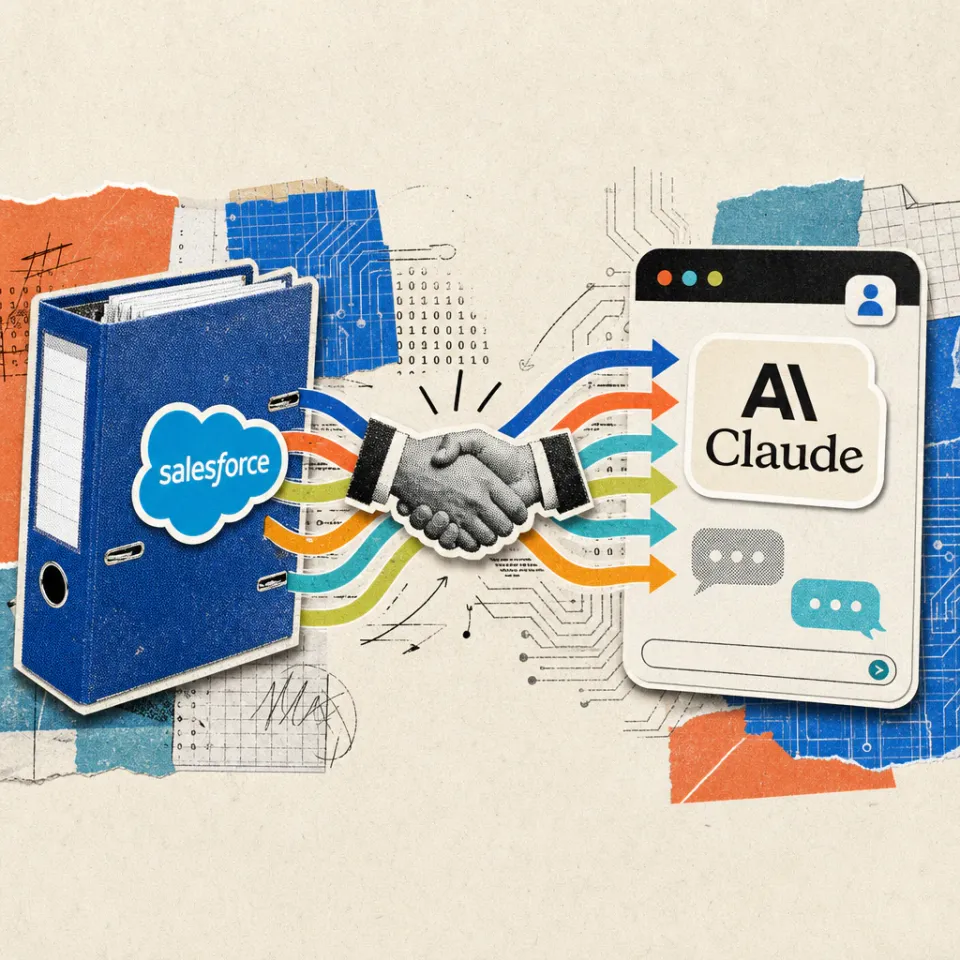 Datenpfeile fließen aus einem Aktenordner mit Salesforce-Logo in ein Chat-Fenster mit dem Anthropic-Claude-Schriftzug, dazwischen ein Handschlag-Symbol zwischen beiden Marken.