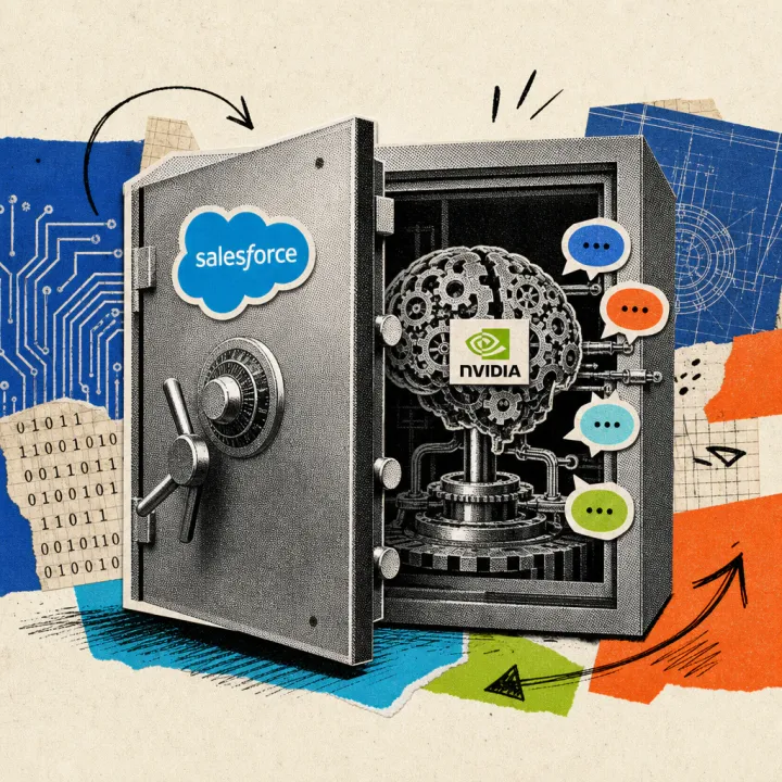A safe with the Salesforce logo stands slightly ajar; inside, a gear-shaped brain bearing the Nvidia logo processes several speech-bubble icons.
