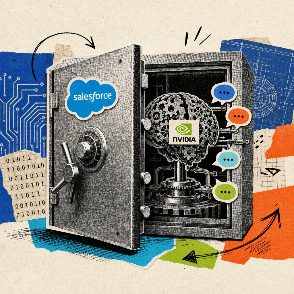 A safe with the Salesforce logo stands slightly ajar; inside, a gear-shaped brain bearing the Nvidia logo processes several speech-bubble icons.