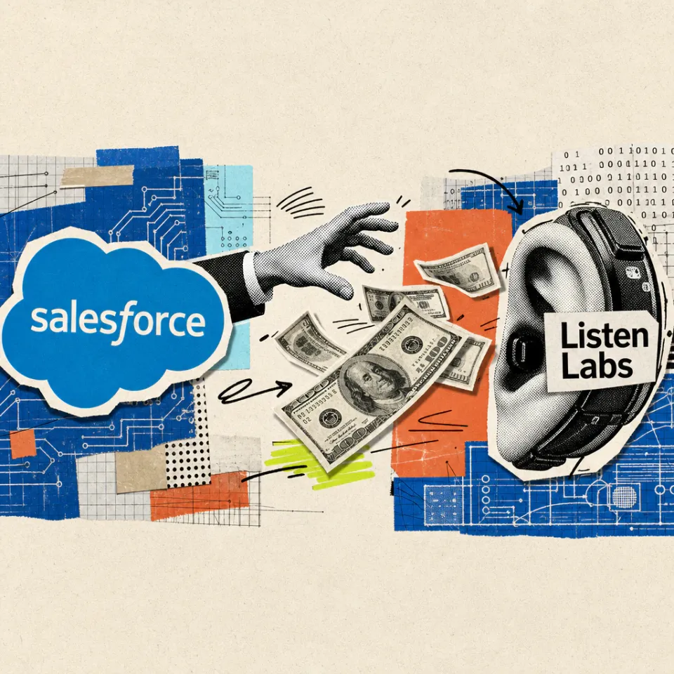 Eine stilisierte Salesforce-Wolke greift nach einem ohrförmigen Aufnahmegerät mit der Aufschrift „Listen Labs“, umgeben von schwebenden Dollar-Scheinen.