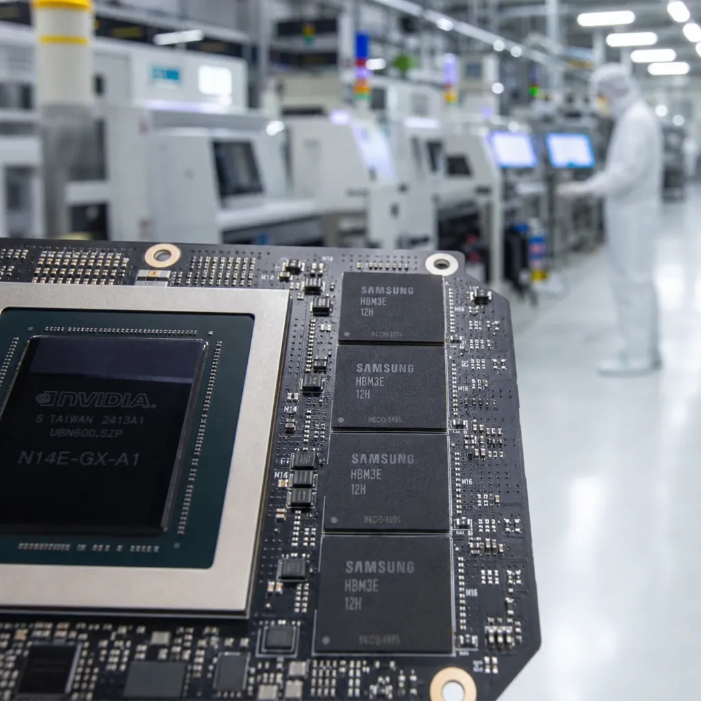 Macro shot of memory chips with Samsung logo on a GPU board, production line blurred in the background.