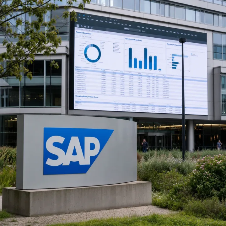 Digitale Großanzeige an der SAP-Konzernzentrale in Walldorf zeigt Tabellenkalkulationen und Datenvisualisierungen vor dem SAP-Logo