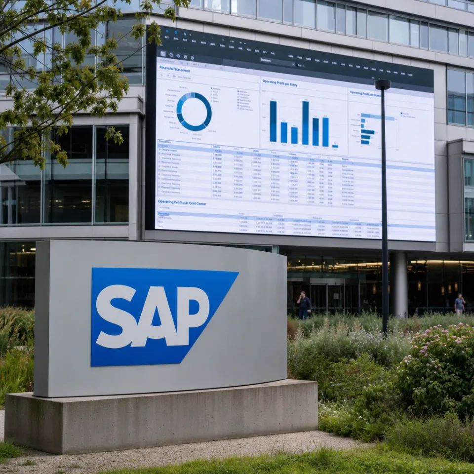 Digital display board at SAP's corporate headquarters in Walldorf shows spreadsheets and data visualizations in front of the SAP logo