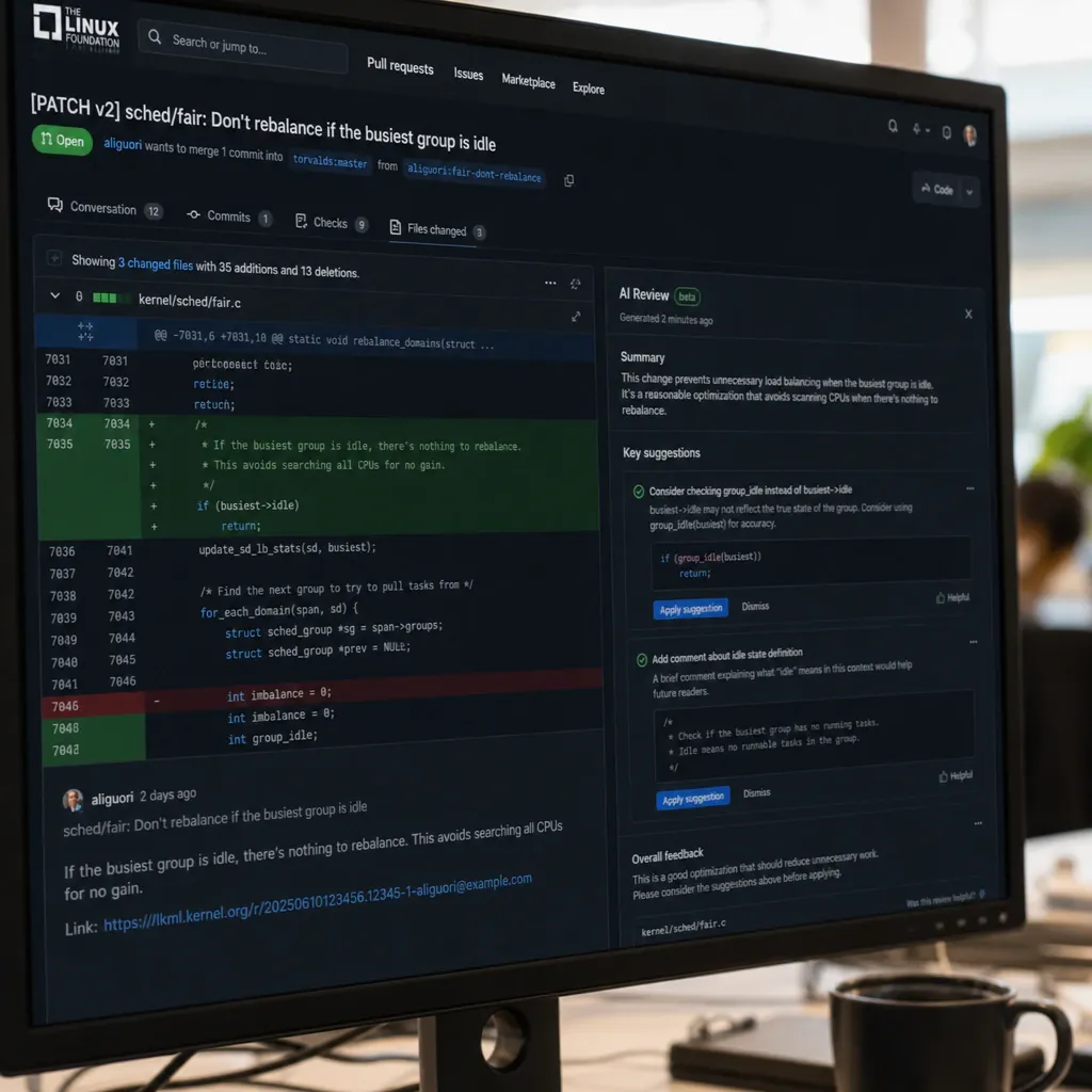 KI-gestützte Code-Review-Oberfläche mit automatischen Kommentaren zu einem eingereichten Linux-Kernel-Patch