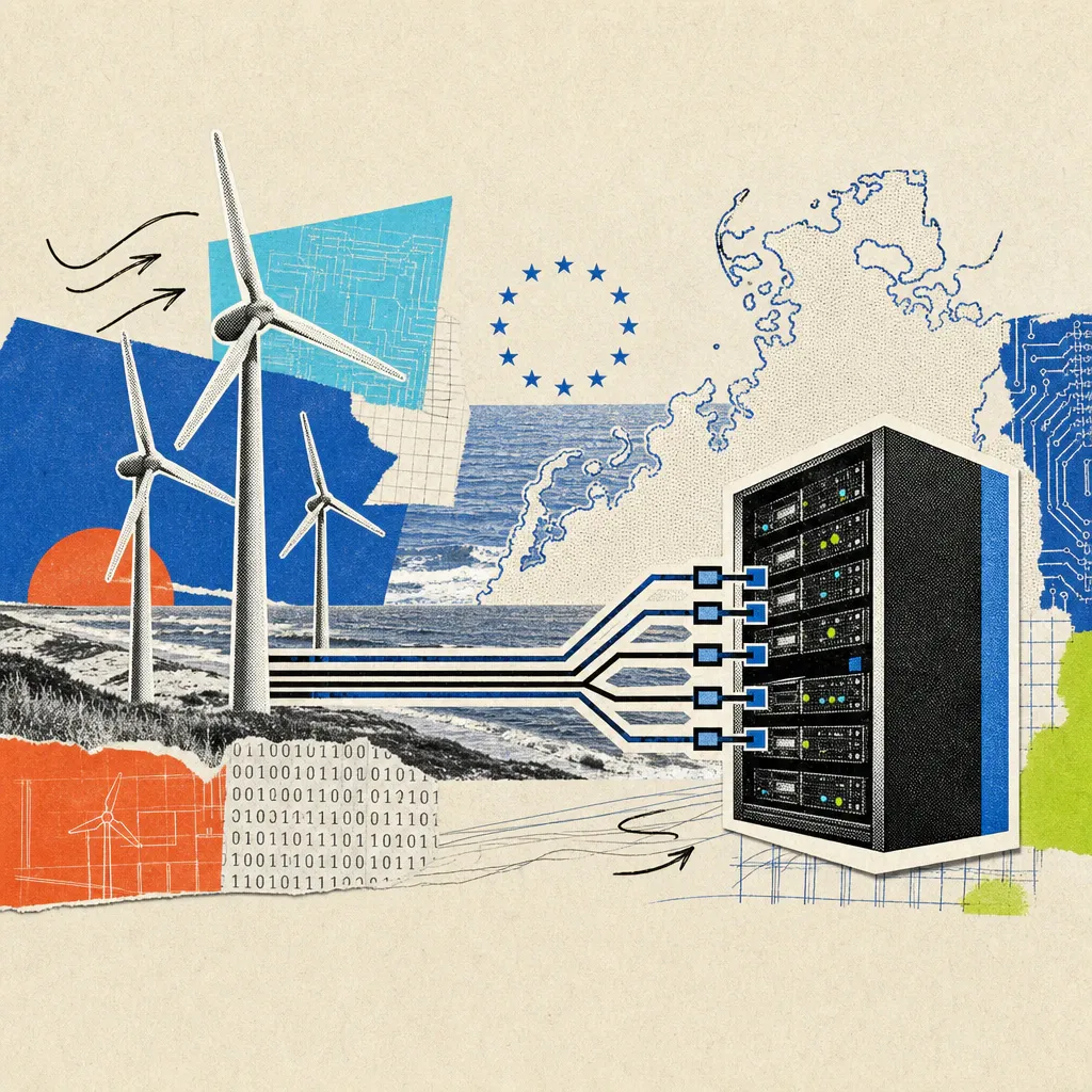 Wind turbines feed a server cabinet on the Baltic coast, with a circle of stars on the horizon behind it