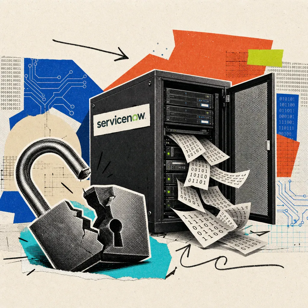 Ein aufgebrochenes Vorhängeschloss liegt vor einem Serverschrank mit ServiceNow-Logo, aus dem Blätter mit Nullen und Einsen herausfallen