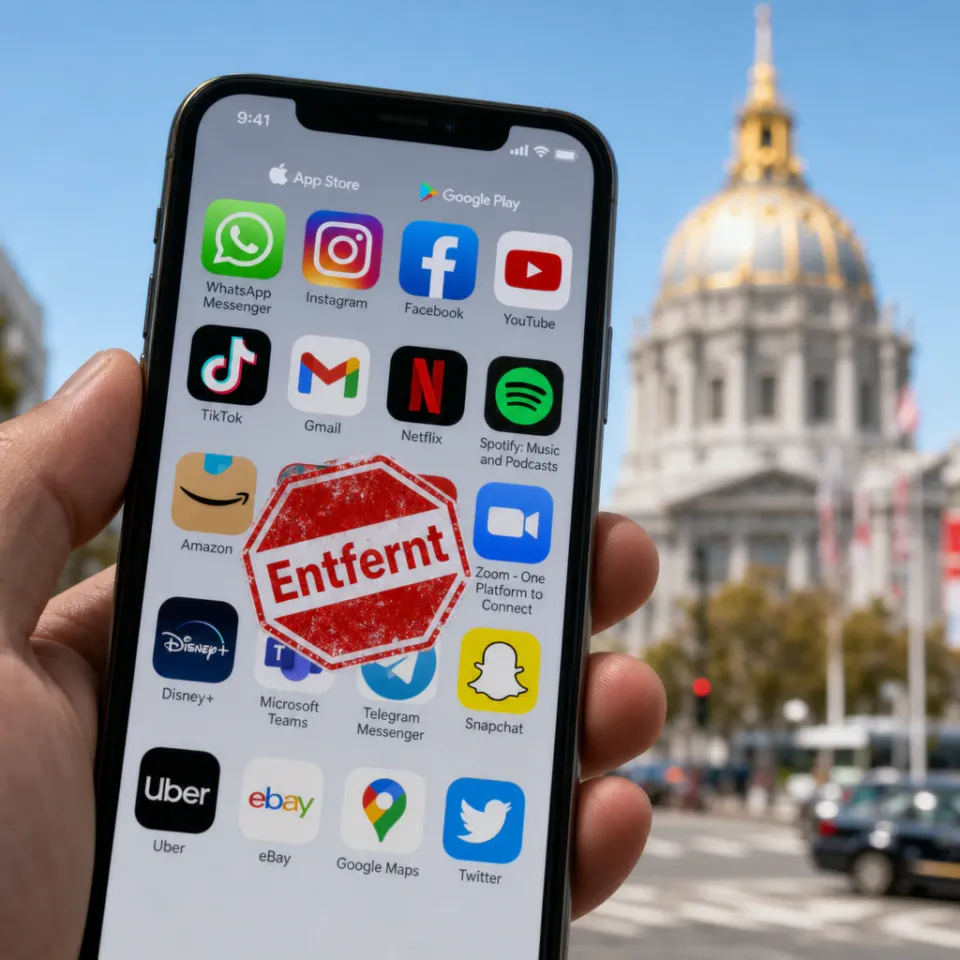 Smartphone mit App-Store-Symbolen vor der goldenen Kuppel des San Francisco City Hall, eine App ist mit einem roten Stopp-Symbol markiert