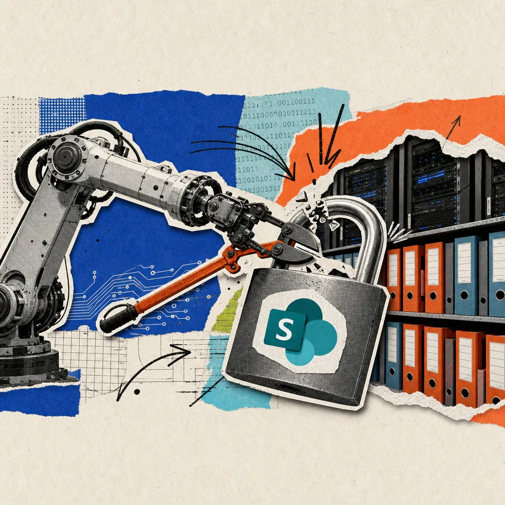A robotic arm cracks a padlock bearing a SharePoint logo sticker, with server racks and file folders visible behind it.