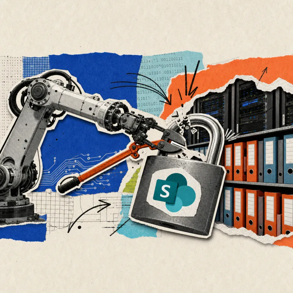 Ein Roboterarm knackt ein Vorhängeschloss mit SharePoint-Logo, dahinter werden Serverschränke und Aktenordner sichtbar.