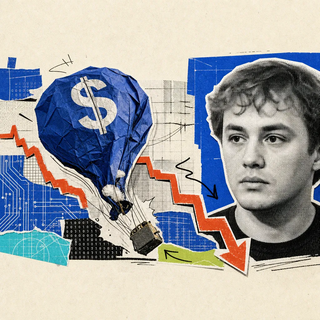 A crumpled hot-air balloon with a dollar sign deflates and sinks, men in suits clinging to the basket; behind it a red market arrow plunges downward in steps