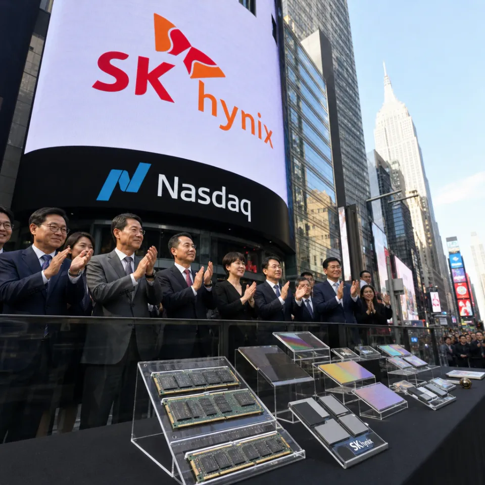 Start of trading for SK Hynix depositary receipts on Nasdaq in New York, with a stock ticker in the background showing a gain of about 13 percent under the symbol SKHYV.