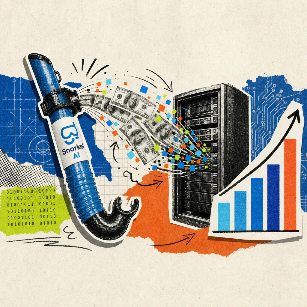 Ein Schnorchel mit Snorkel-AI-Logo pumpt Geldscheine und Datenpunkte in einen Serverschrank, daneben ein stark ansteigendes Balkendiagramm.