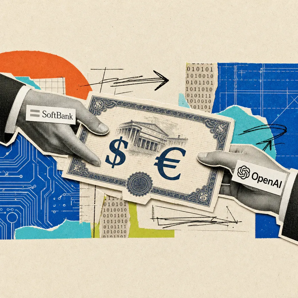 A hand with a SoftBank logo hands an oversized bond note with dollar and euro signs to a hand with an OpenAI logo.