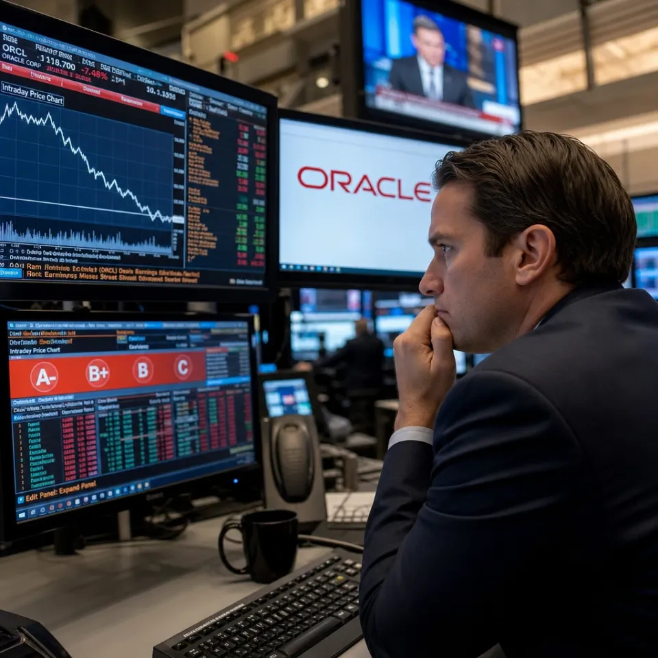 Financial analyst at trading terminals with a falling stock chart and the Oracle logo on one screen.