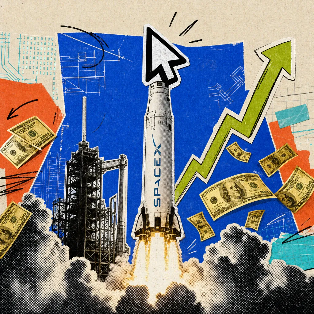 A SpaceX rocket with the SpaceX logo carries the Cursor logo as a sticker on its tip and takes off, surrounded by rising dollar bills and a green upward trend arrow