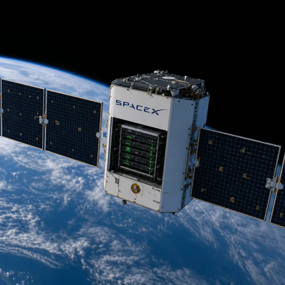 Satellite with solar panels and a server module in Earth orbit above the blue planet, SpaceX logo visible.