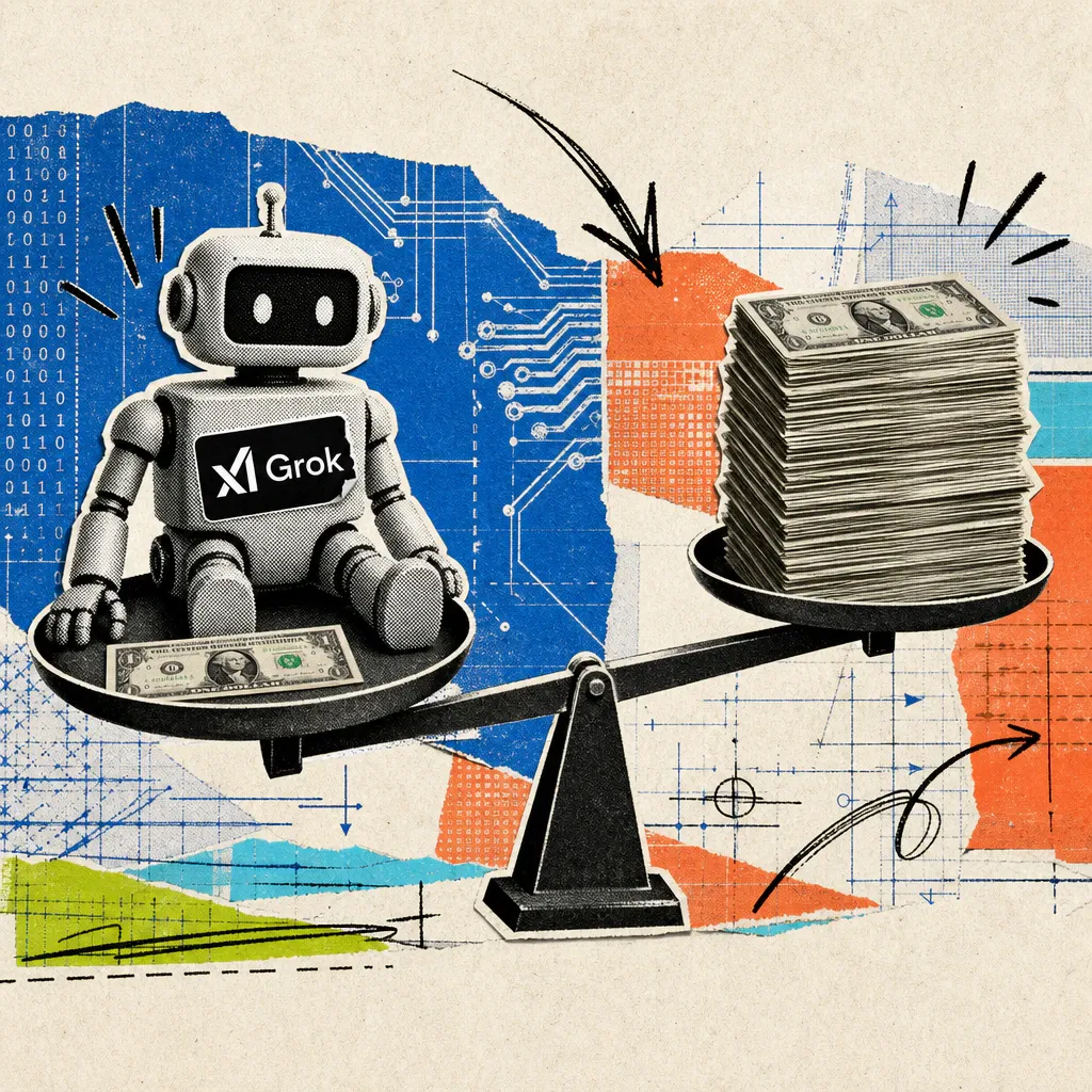 A robot with a Grok logo sticker sits on a balance scale that tips in its favor thanks to a much larger stack of dollar bills piled on the opposite side – a symbolic image for Grok 4.6's price advantage over rival models.