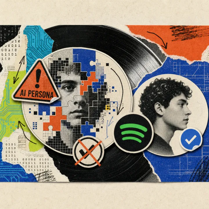 Ein Spotify-Interpretenprofil mit einem fotorealistischen, aber erkennbar zusammengesetzten Gesicht trägt einen auffälligen „AI Persona“-Sticker, während daneben eine unversehrte zweite Profilkarte ein „Verified by Spotify“-Häkchen zeigt.