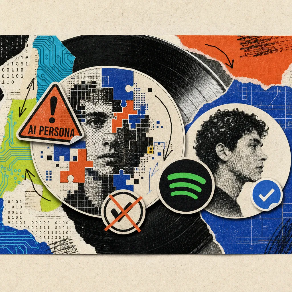 Ein Spotify-Interpretenprofil mit einem fotorealistischen, aber erkennbar zusammengesetzten Gesicht trägt einen auffälligen „AI Persona“-Sticker, während daneben eine unversehrte zweite Profilkarte ein „Verified by Spotify“-Häkchen zeigt.