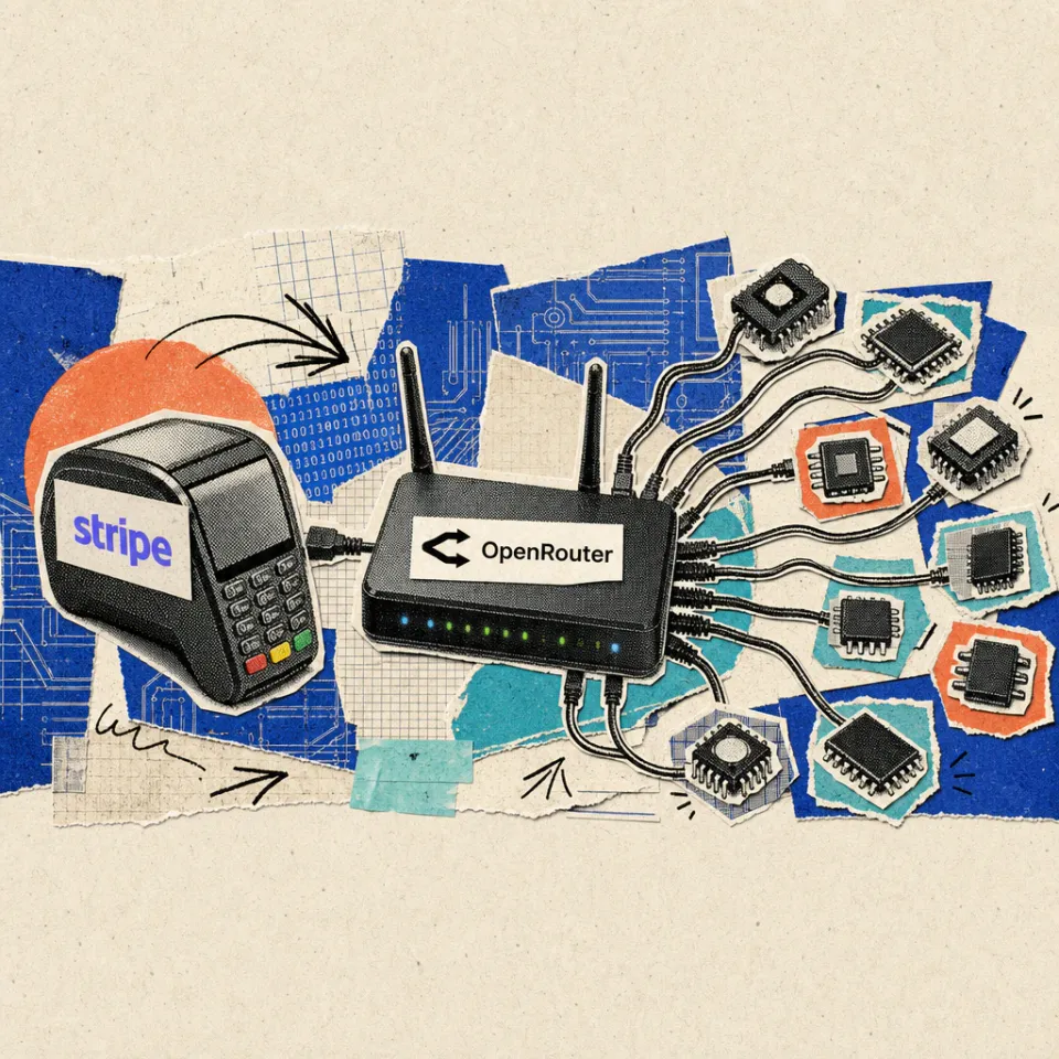 Ein Kartenlesegerät mit Stripe-Logo-Aufkleber verschmilzt mit einem Netzwerk-Router mit OpenRouter-Logo-Aufkleber, von dem Kabel zu mehreren kleinen Chip-Symbolen führen.