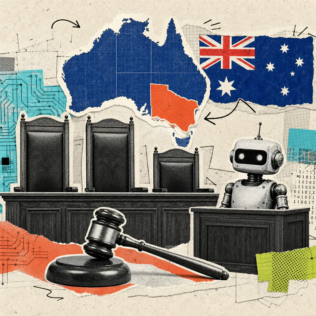 Drei leere Richterstühle hinter einem hölzernen Richterpult, davor ein Richterhammer, rechts sitzt ein kleiner Roboter im Zeugenstand; darüber der Umriss Australiens mit orange markiertem Südaustralien neben einer australischen Flagge.