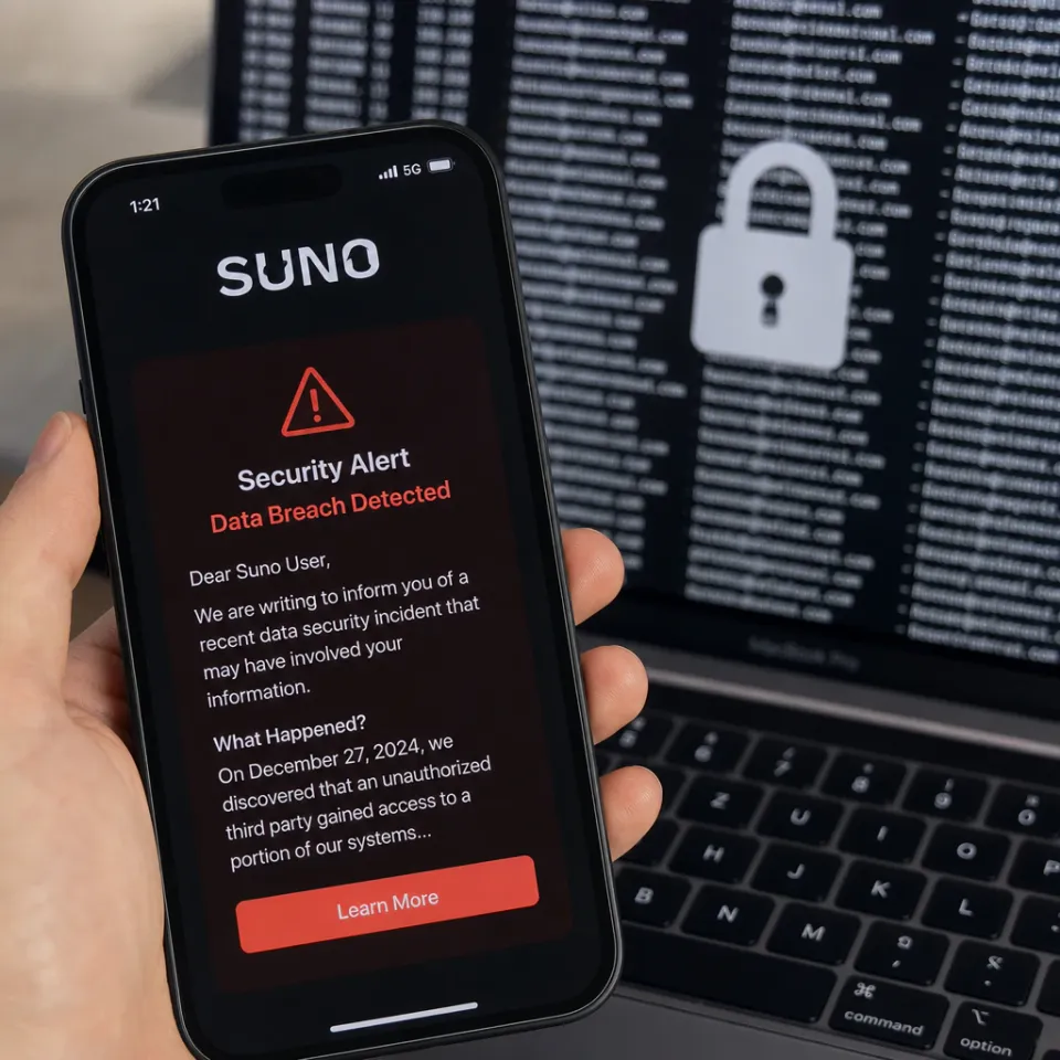 Smartphone-Bildschirm mit dem Suno-Logo und einer Sicherheitswarnung, im Hintergrund ein Laptop mit Zeilen einer Datenbank voller E-Mail-Adressen