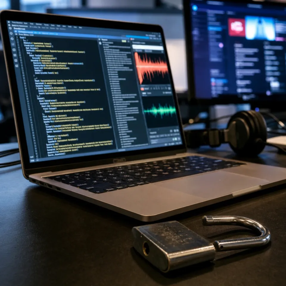 Laptop-Bildschirm mit Quellcode und Musik-Wellenformen neben einem aufgebrochenen Vorhängeschloss-Symbol auf einem Schreibtisch.