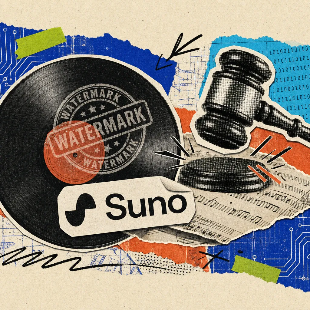 Eine Schallplatte mit einem Wasserzeichen-Stempel neben dem Suno-Logo, im Hintergrund ein Richterhammer über Notenblättern