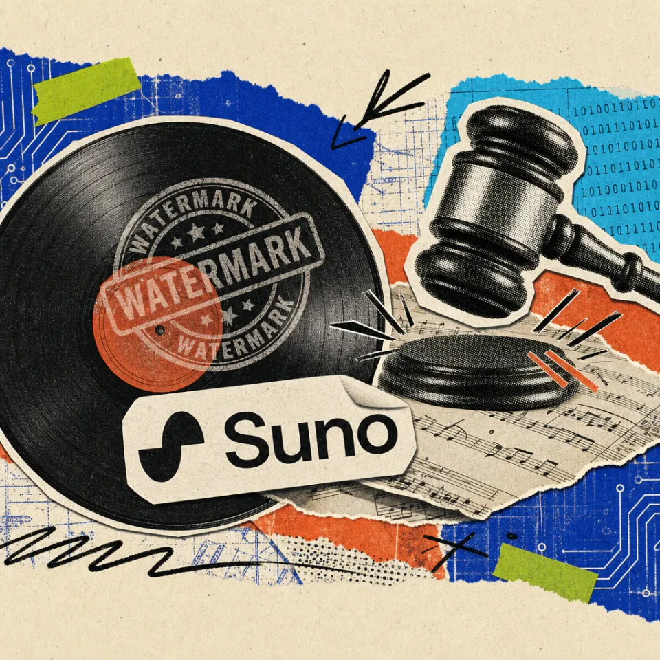 Eine Schallplatte mit einem Wasserzeichen-Stempel neben dem Suno-Logo, im Hintergrund ein Richterhammer über Notenblättern