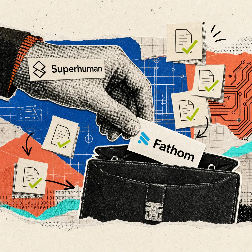 A hand with the Superhuman logo places a sticker with the Fathom logo into a briefcase, surrounded by sticky notes with checkmarks.